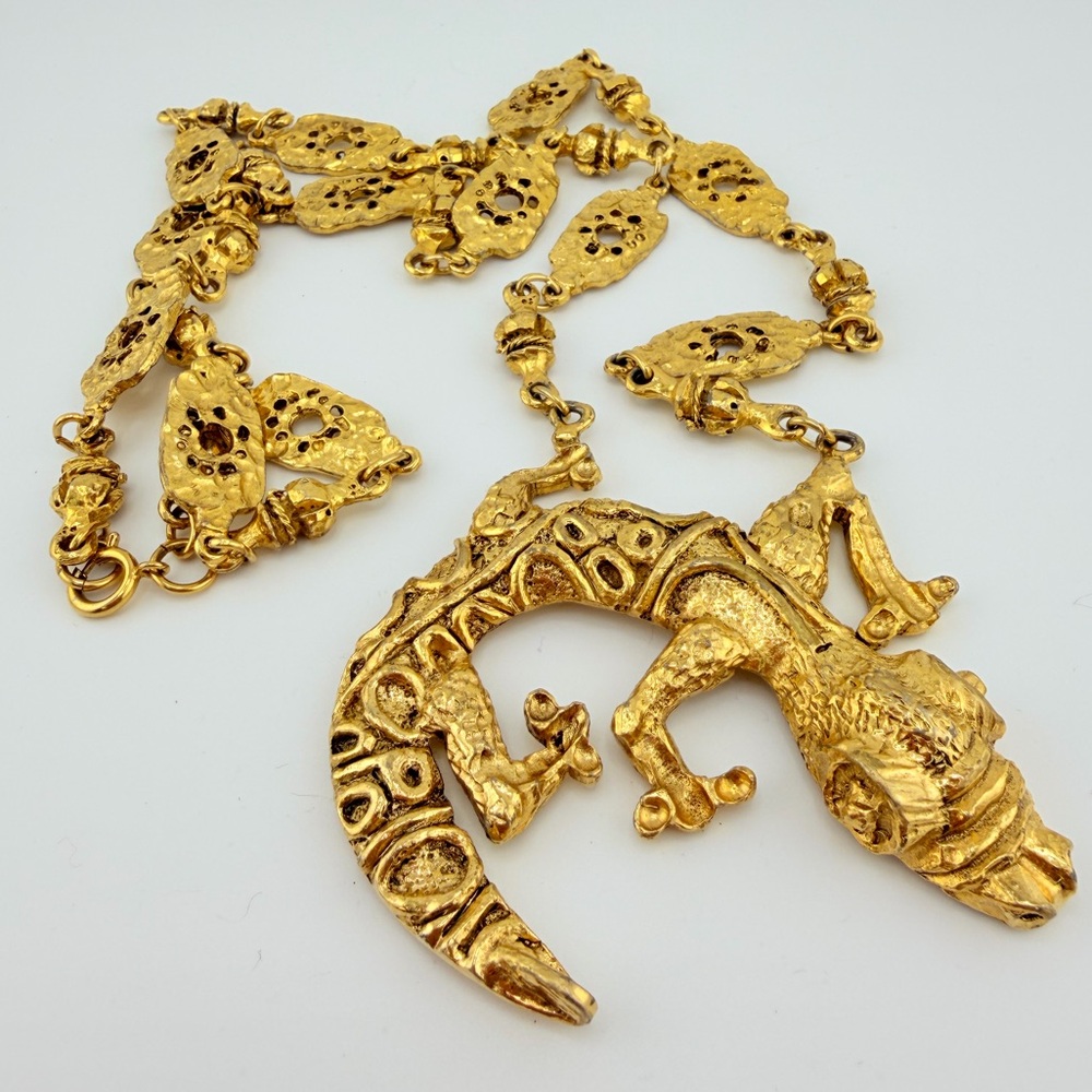 Massive VTG 80s Runway Lizard Necklace - 112g Molten Gold Style - Heavy Couture